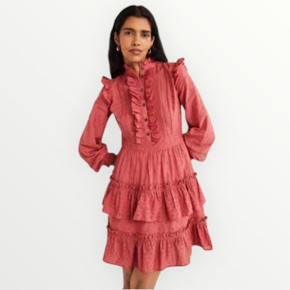 Boden Mixed Broderie Shirt Dress in Dusty Red - Picture 4 of 11